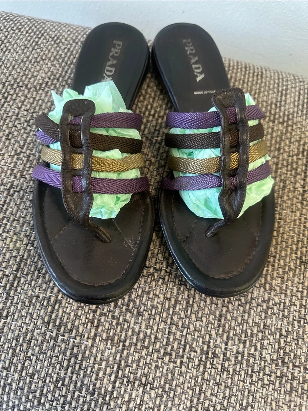 Vintage Prada Black Leather Multistrap Slide Sandals Purple and Gold Rope Straps